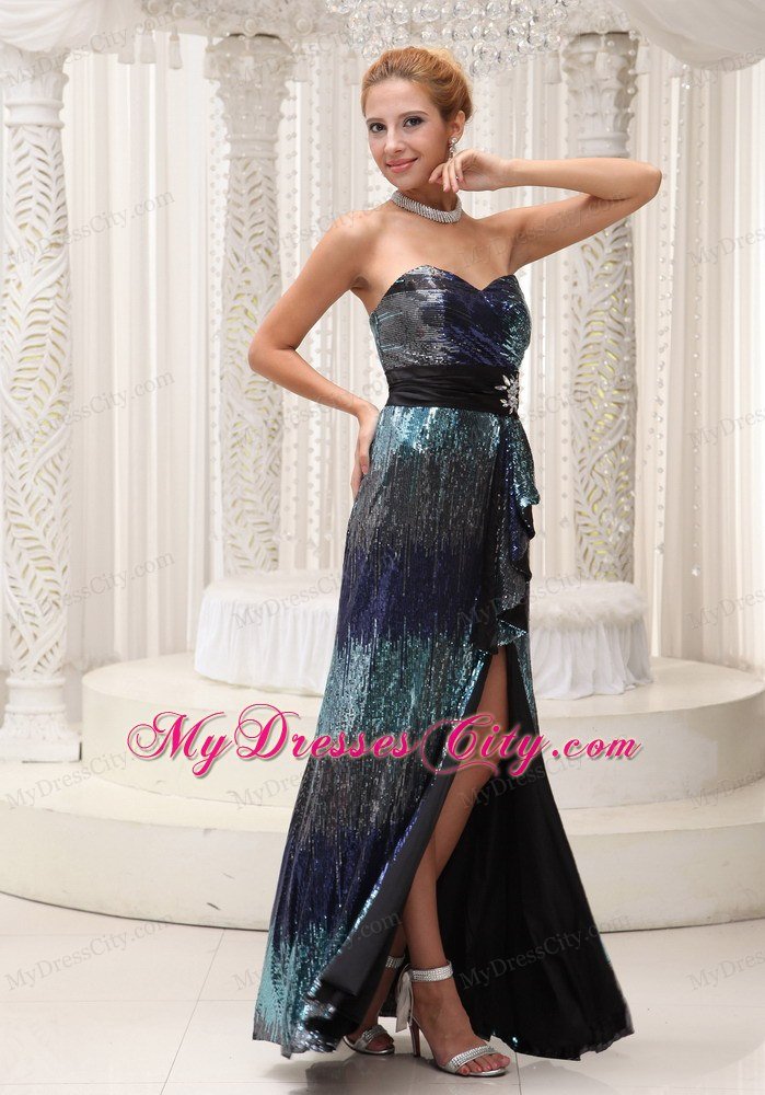 Sweetheart Colorful Sequined Maxi Celebrity Dresses with Slit