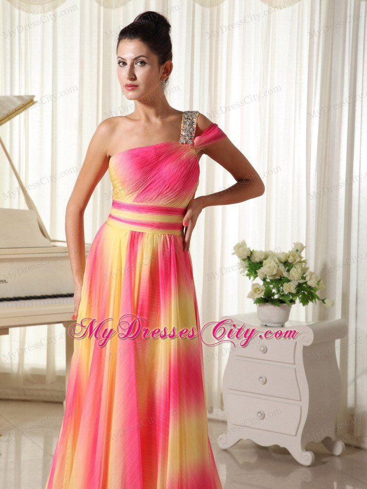 One Beaded Shoulder Ombre Maxi Dresses with Train