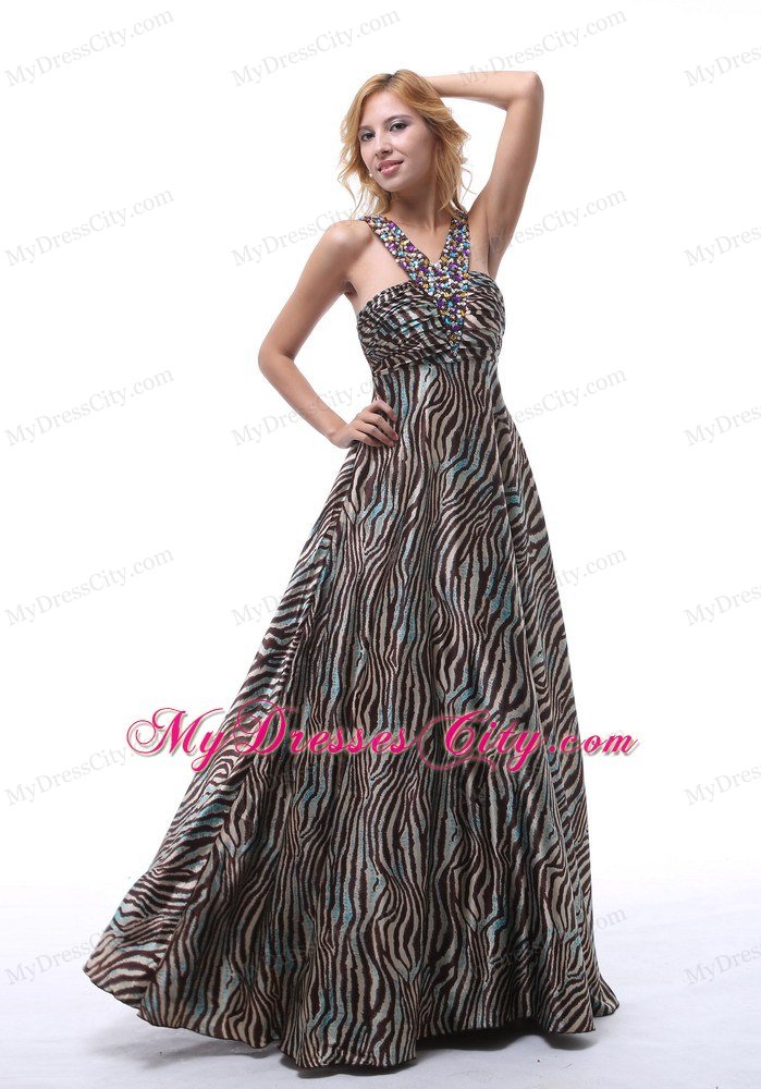 Beautiful Zebra Beading Decorated Straps V-neck Maxi Celebrity Dress