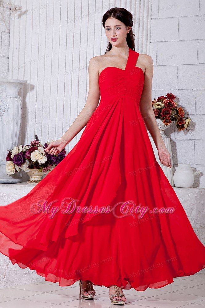 Red Empire One Shoulder Ruched Ankle-length Chiffon Maxi Dress