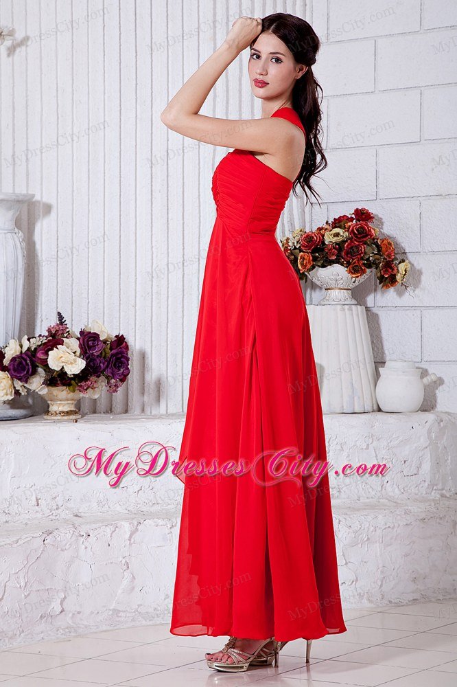 Red Empire One Shoulder Ruched Ankle-length Chiffon Maxi Dress