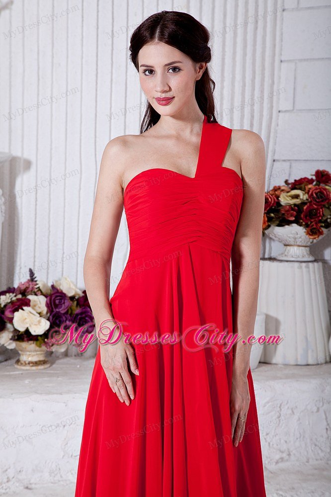 Red Empire One Shoulder Ruched Ankle-length Chiffon Maxi Dress