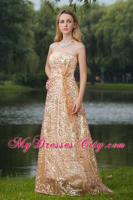 Gold Empire Strapless Floor-length Maxi Dress with Bright Sequins