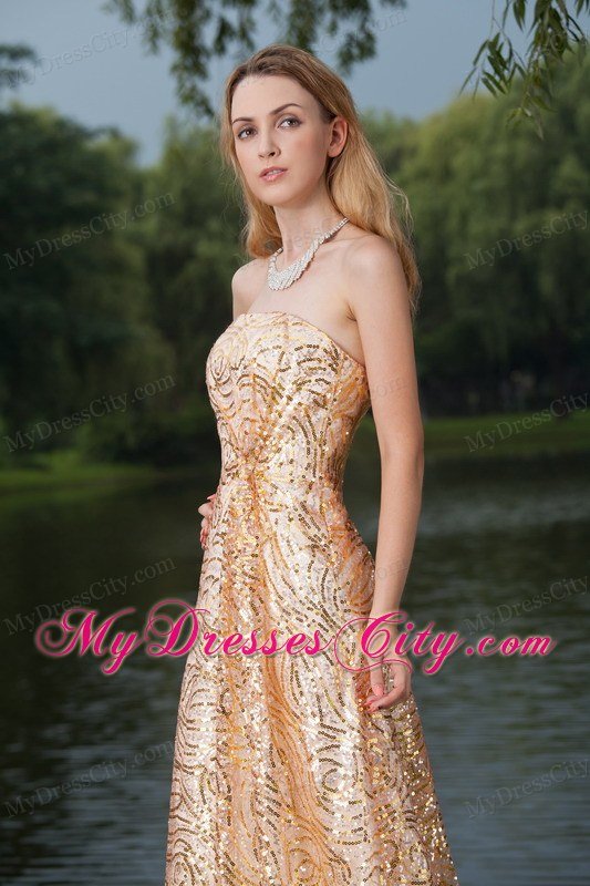 Gold Empire Strapless Floor-length Maxi Dress with Bright Sequins