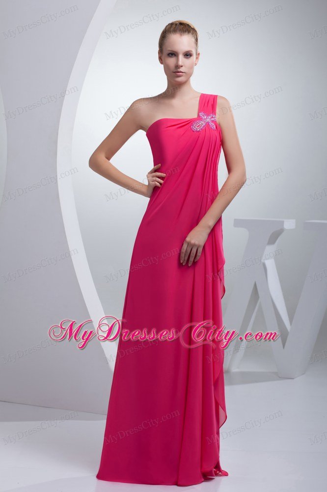 Coral Red One Shoulder Floor-length Beaded Maxi Celebrity Dress