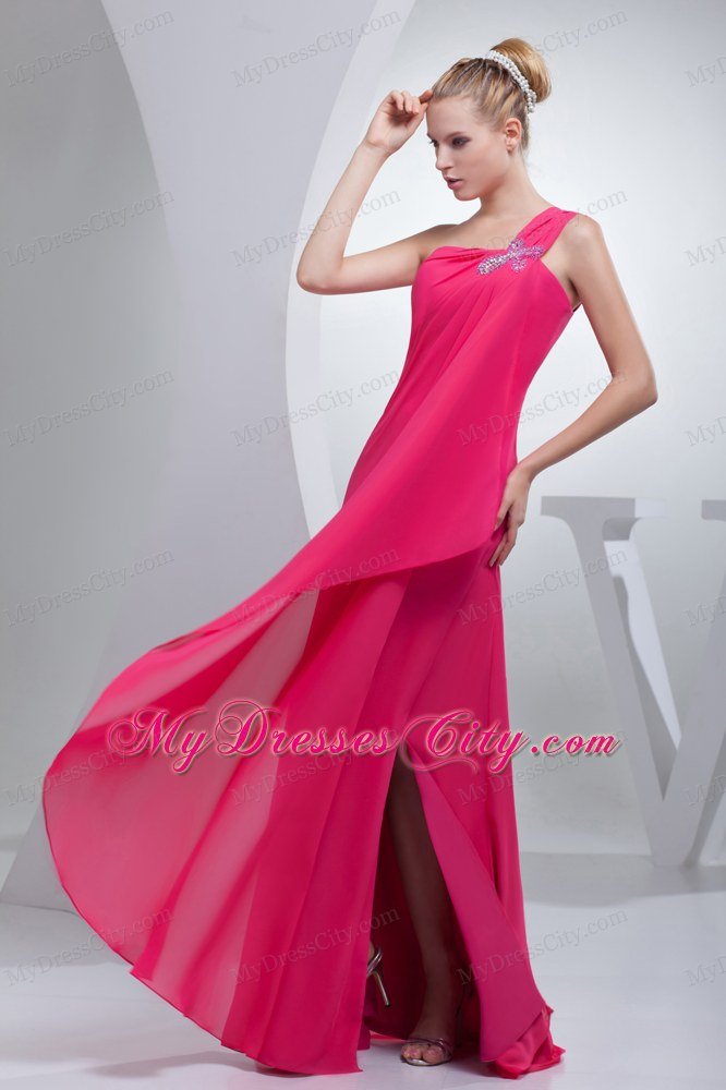 Coral Red One Shoulder Floor-length Beaded Maxi Celebrity Dress