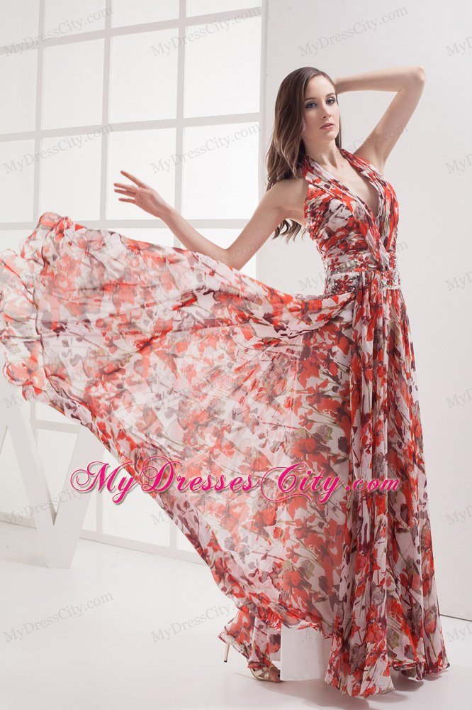 Shining Multi-color Empire Halter Printing Maxi Celebrity Dress