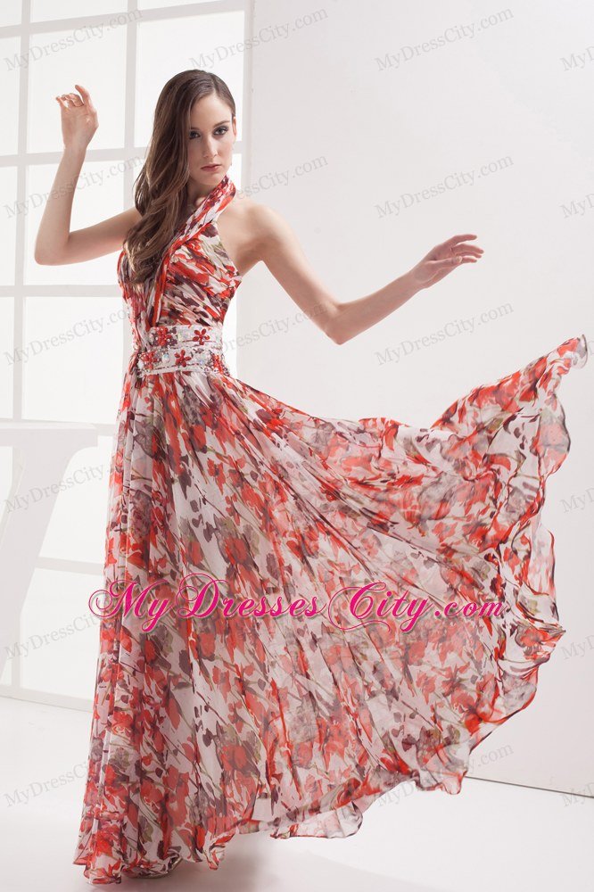 Shining Multi-color Empire Halter Printing Maxi Celebrity Dress