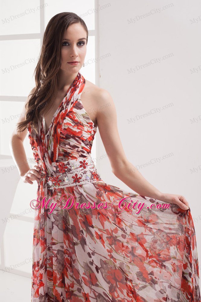 Shining Multi-color Empire Halter Printing Maxi Celebrity Dress