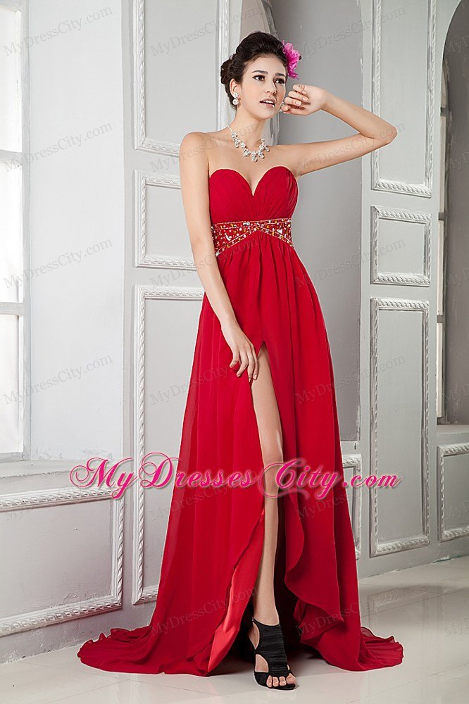 Red Empire Chiffon Beading Brush Train Sweetheart Maternity Dress