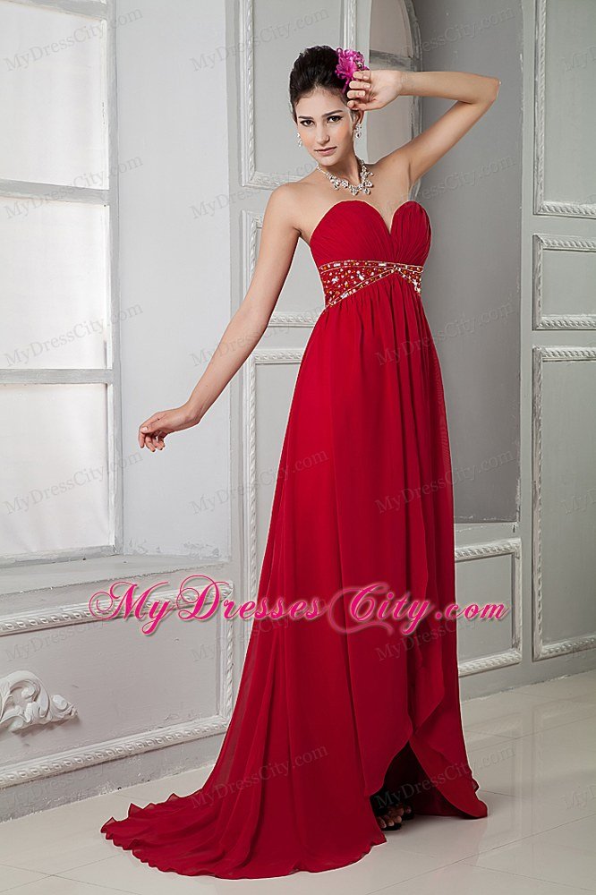 Red Empire Chiffon Beading Brush Train Sweetheart Maternity Dress