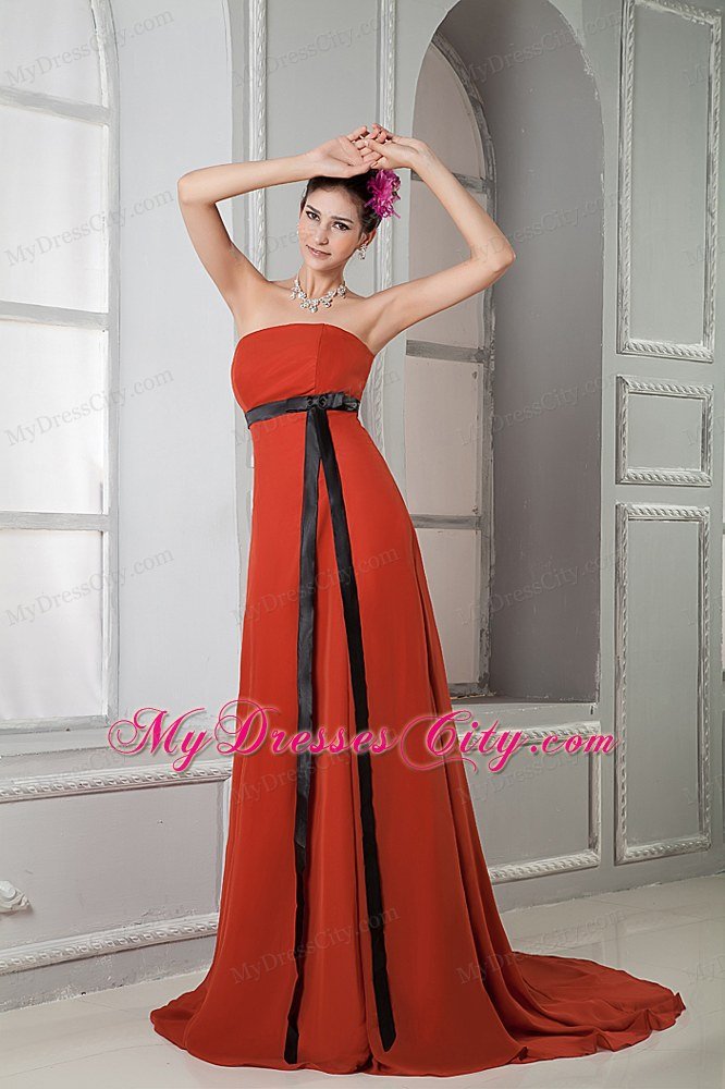 Elegant Rust Red Column Strapless Brush Train Maxi Dress with Sash