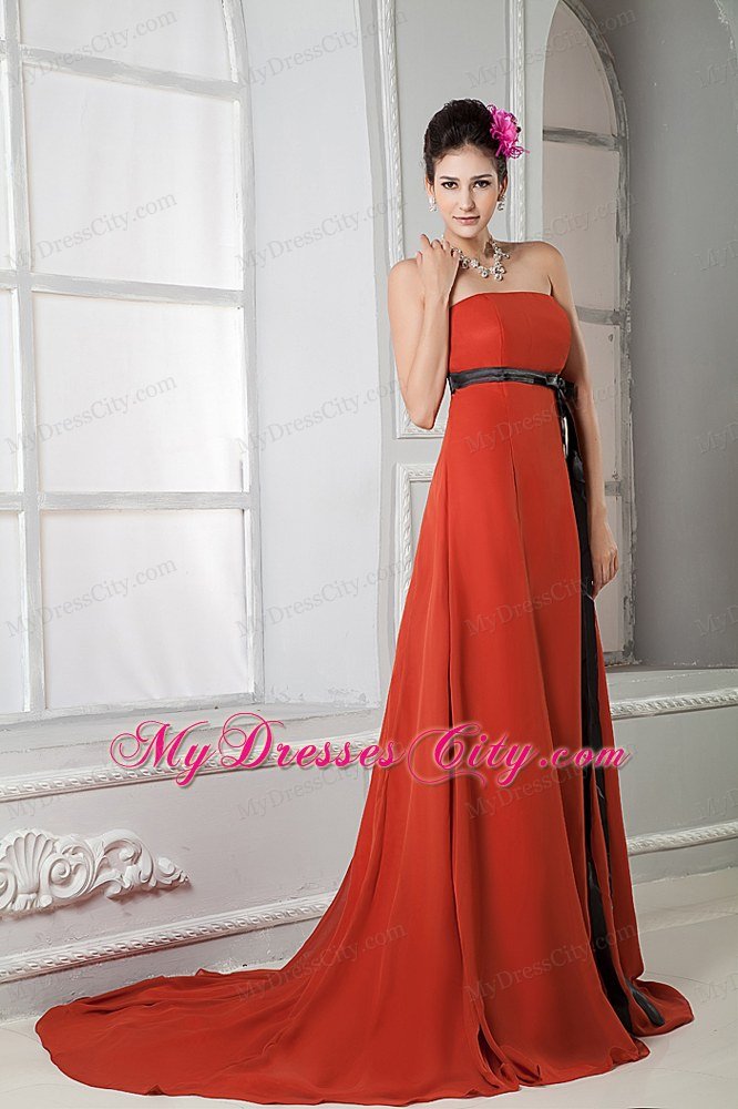 Elegant Rust Red Column Strapless Brush Train Maxi Dress with Sash