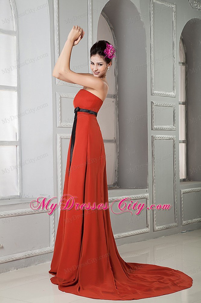 Elegant Rust Red Column Strapless Brush Train Maxi Dress with Sash