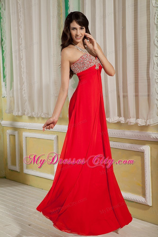 Luxurious Red Empire Sweetheart Chiffon Beaded Bust Maxi Dress