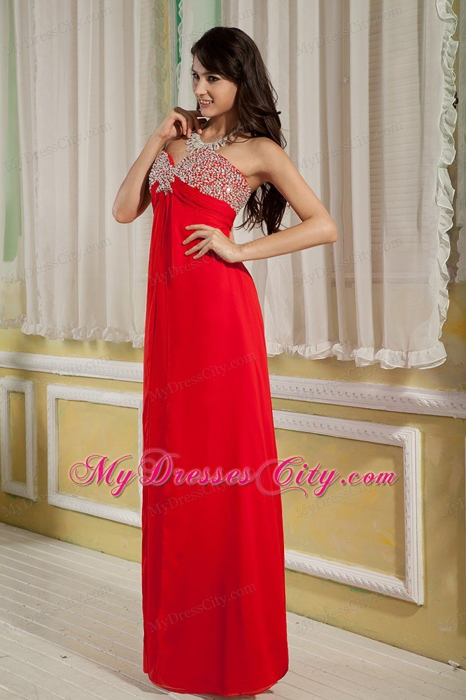 Luxurious Red Empire Sweetheart Chiffon Beaded Bust Maxi Dress