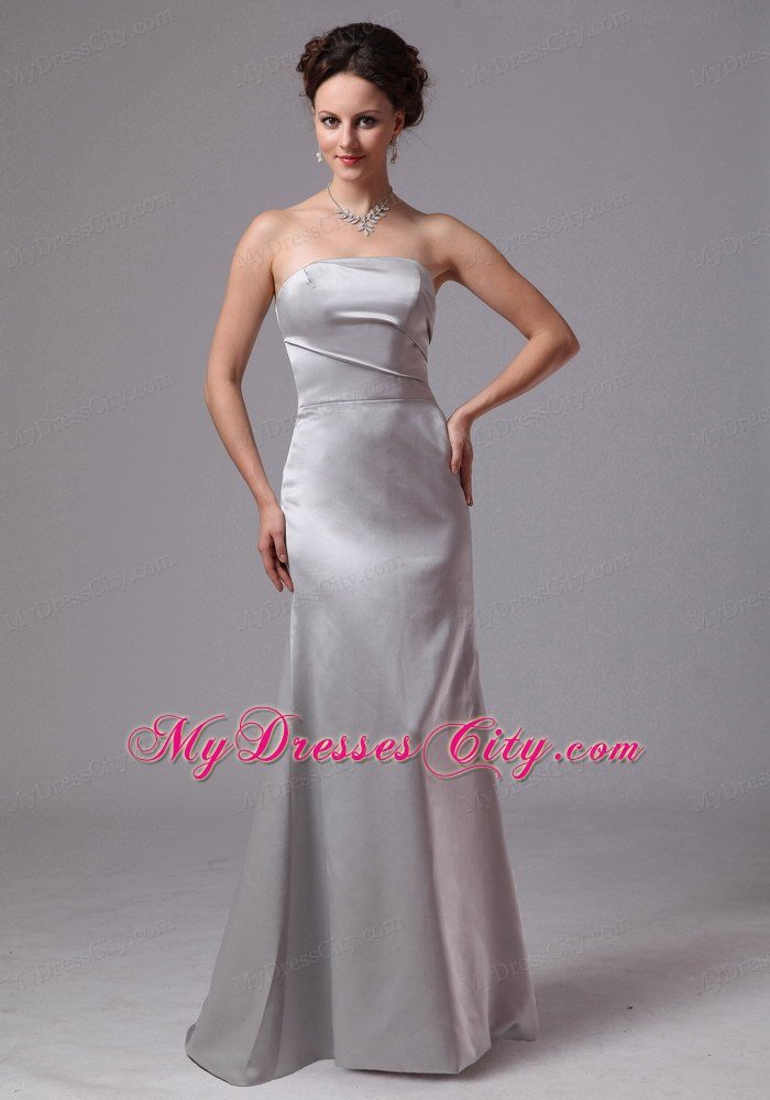 Simple Satin Brush Train Sliver Prom Dress with Side Zipper