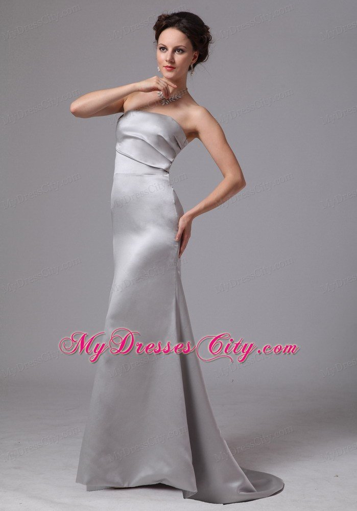 Simple Satin Brush Train Sliver Prom Dress with Side Zipper