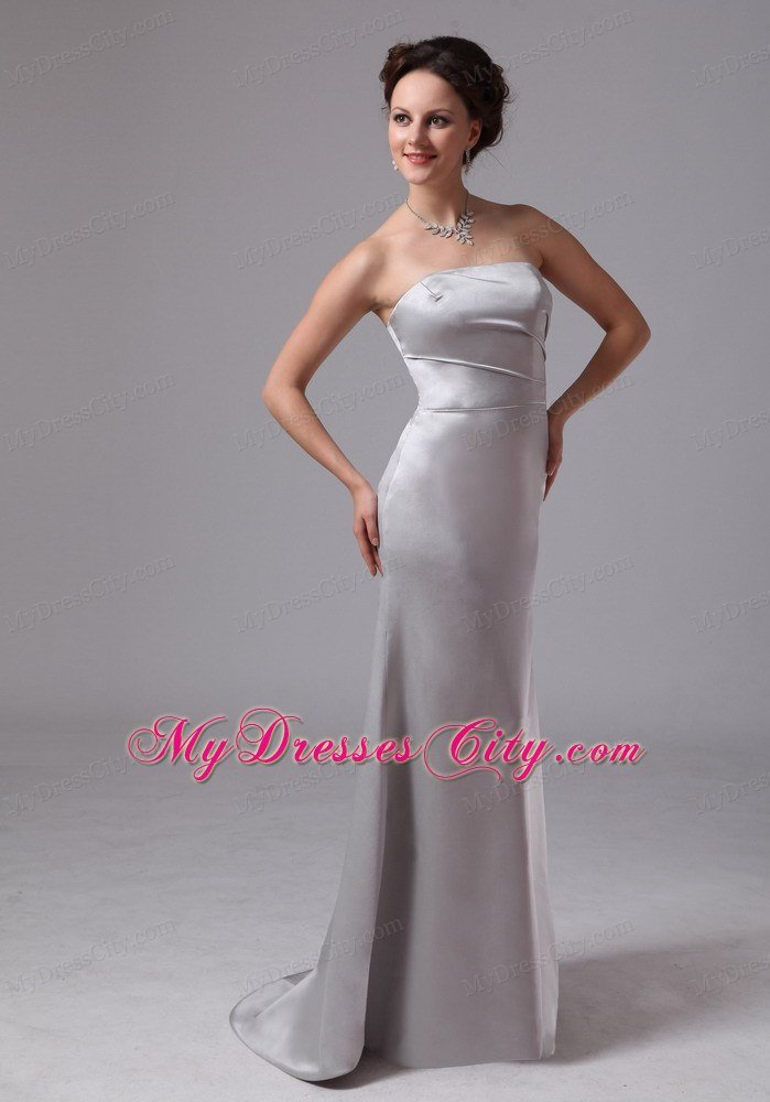 Simple Satin Brush Train Sliver Prom Dress with Side Zipper