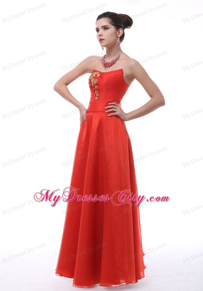 A-line Red Embroidery Organza Prom Dress with Cool Neckline