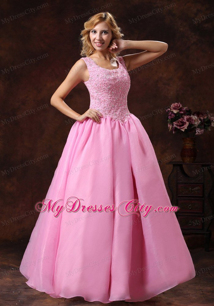 Rose Pink Appliques Scoop Neck Princess 2013 Prom Dress