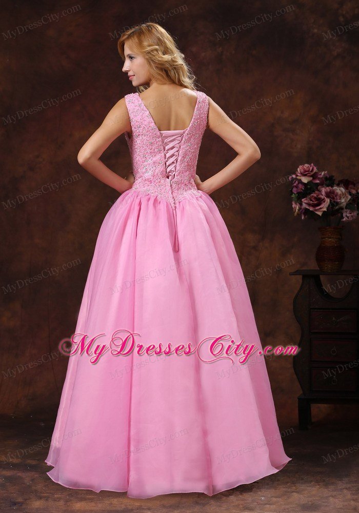 Rose Pink Appliques Scoop Neck Princess 2013 Prom Dress