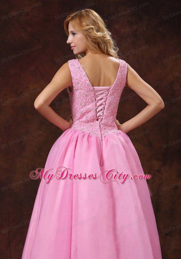 Rose Pink Appliques Scoop Neck Princess 2013 Prom Dress