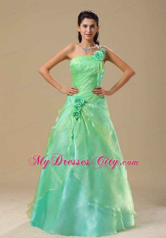 Flowers One Shoulder Ruched Apple Green Dresses For Prom