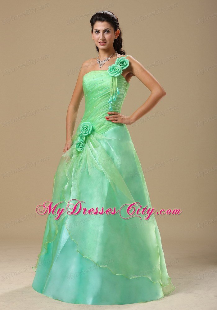 Flowers One Shoulder Ruched Apple Green Dresses For Prom