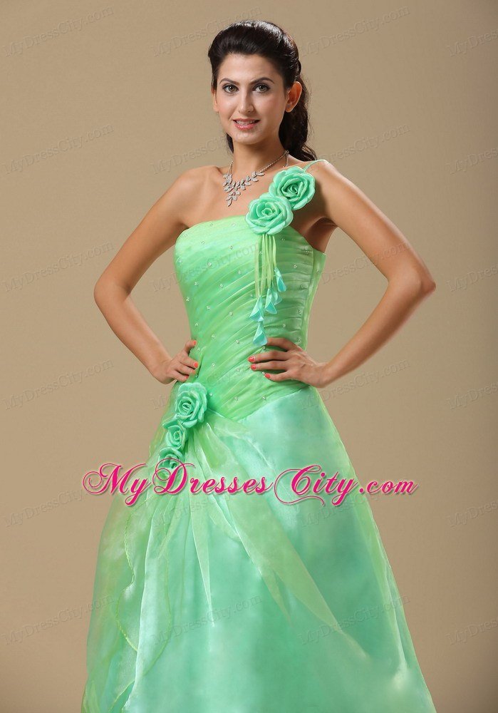 Flowers One Shoulder Ruched Apple Green Dresses For Prom