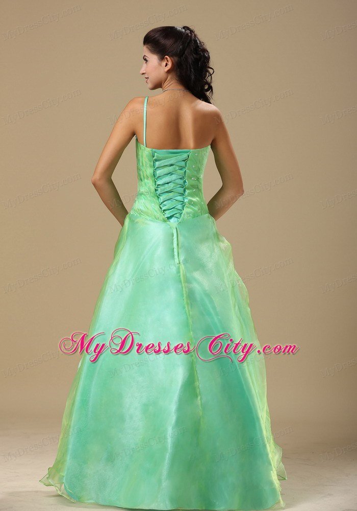 Flowers One Shoulder Ruched Apple Green Dresses For Prom