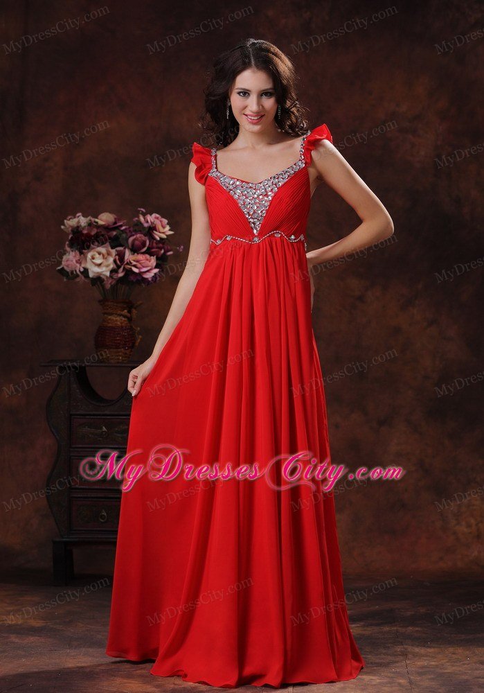 Beading Decorated Bust Square Neckline Red Chiffon Prom Dress