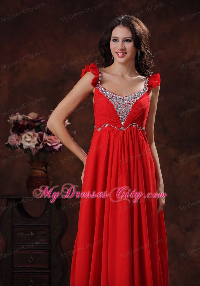 Beading Decorated Bust Square Neckline Red Chiffon Prom Dress