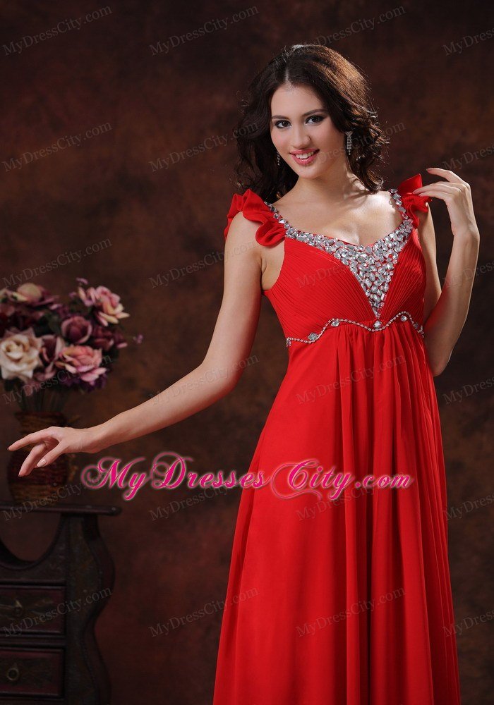 Beading Decorated Bust Square Neckline Red Chiffon Prom Dress