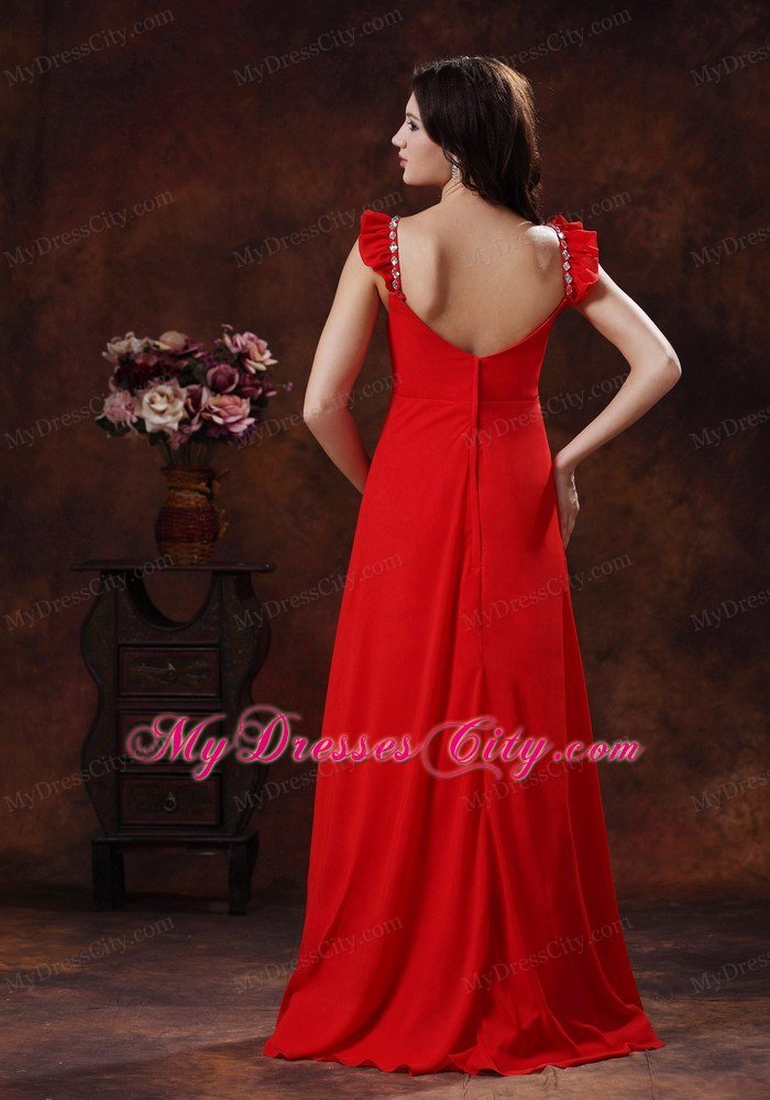 Beading Decorated Bust Square Neckline Red Chiffon Prom Dress