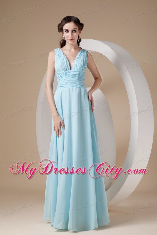 Simple Chiffon Ruched Floor-length Aqua V-neck Prom Dress