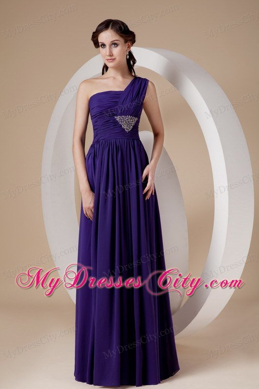 Purple One Shoulder Floor-length Chiffon Beaded Prom Dress