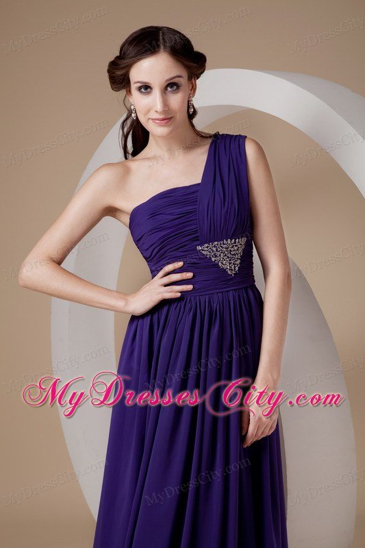 Purple One Shoulder Floor-length Chiffon Beaded Prom Dress