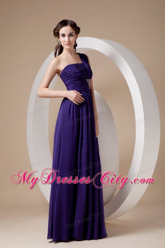 Purple One Shoulder Floor-length Chiffon Beaded Prom Dress