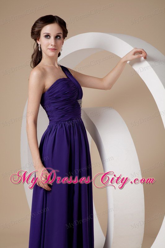 Purple One Shoulder Floor-length Chiffon Beaded Prom Dress