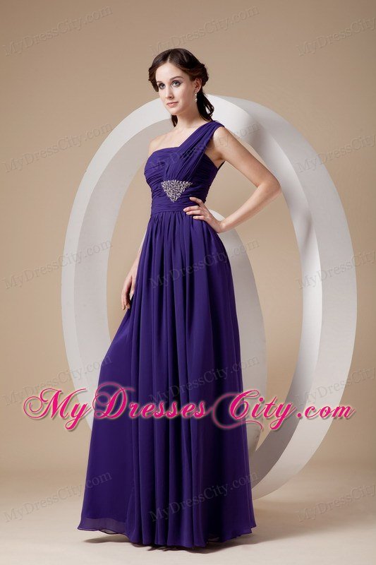 Purple One Shoulder Floor-length Chiffon Beaded Prom Dress