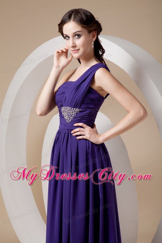 Purple One Shoulder Floor-length Chiffon Beaded Prom Dress