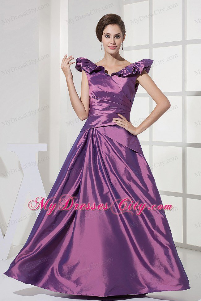 Modest Floor-length V-neck A-line Purple Taffeta Prom Dress