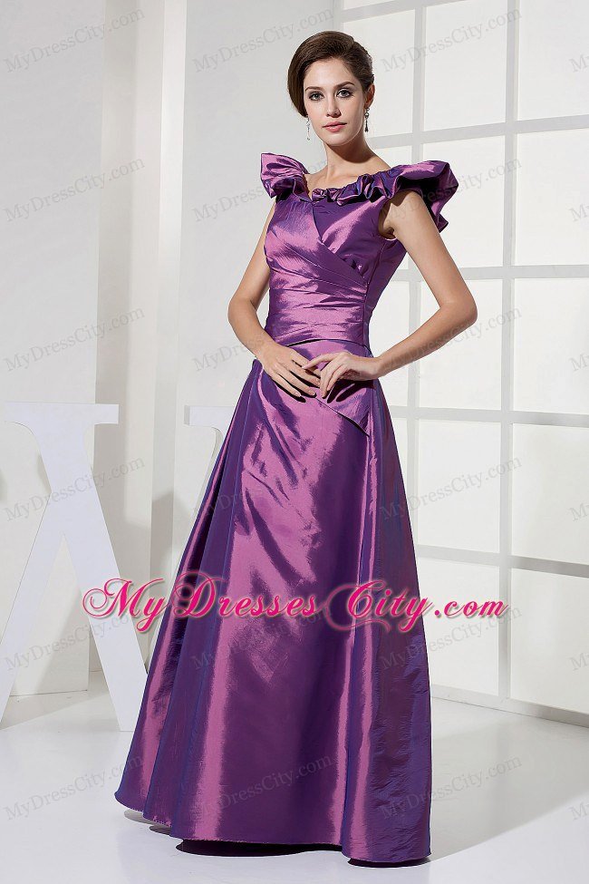 Modest Floor-length V-neck A-line Purple Taffeta Prom Dress