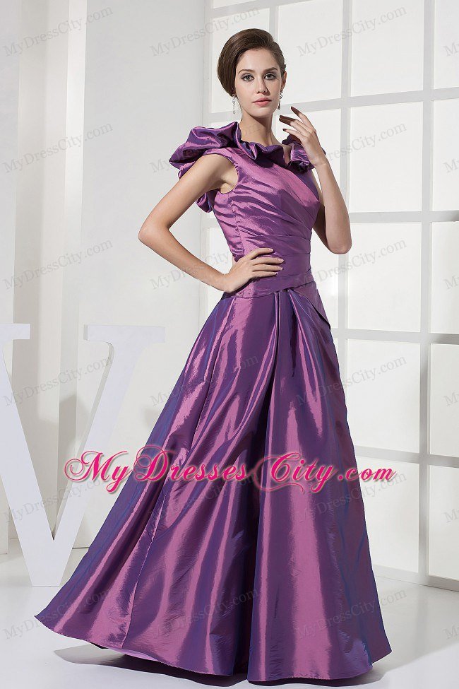 Modest Floor-length V-neck A-line Purple Taffeta Prom Dress