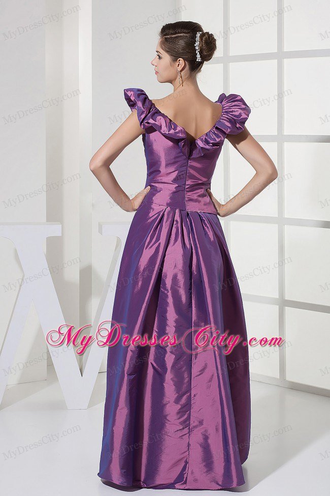 Modest Floor-length V-neck A-line Purple Taffeta Prom Dress