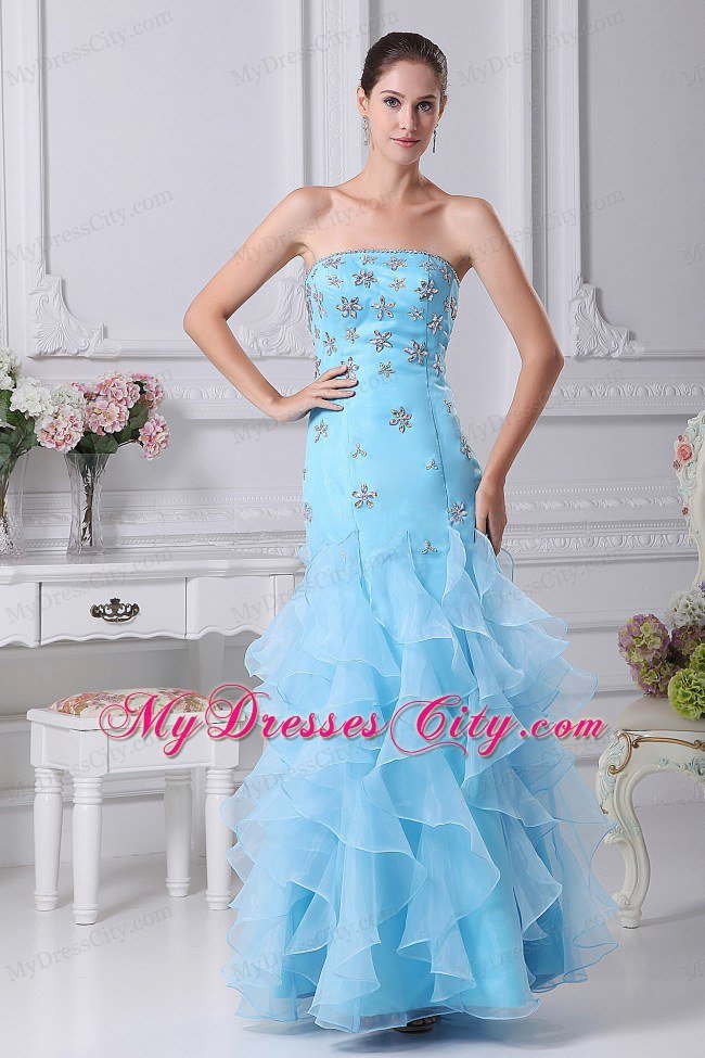 Beading and Ruffles Decorate Mermaid Aqua Blue Prom Dress