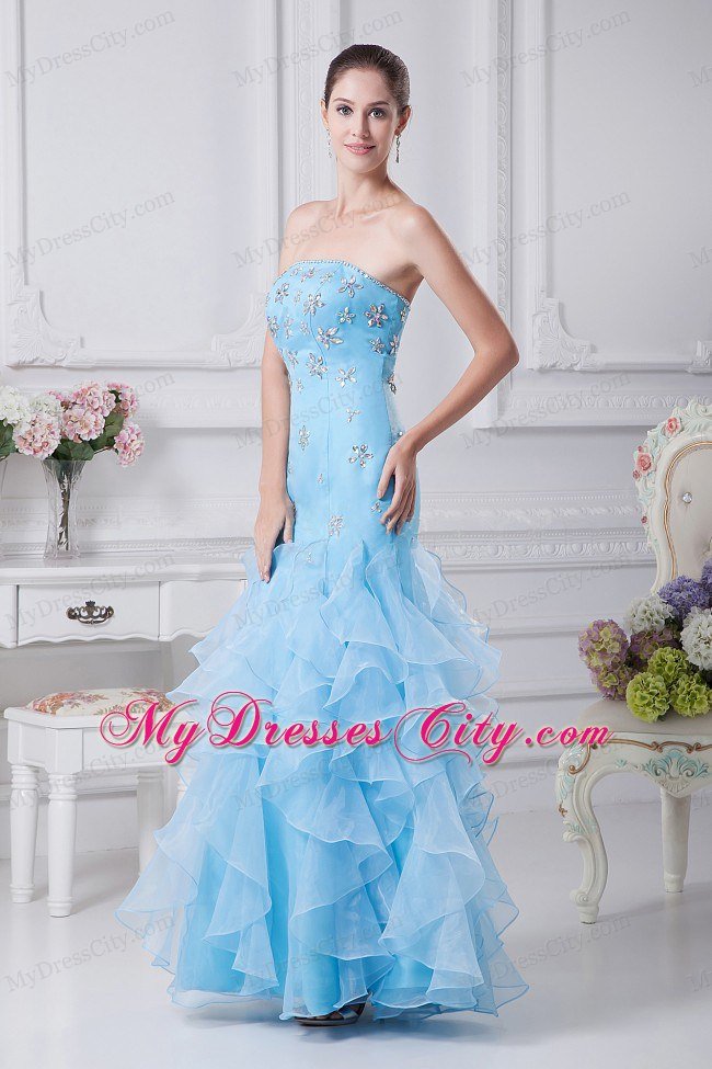 Beading and Ruffles Decorate Mermaid Aqua Blue Prom Dress