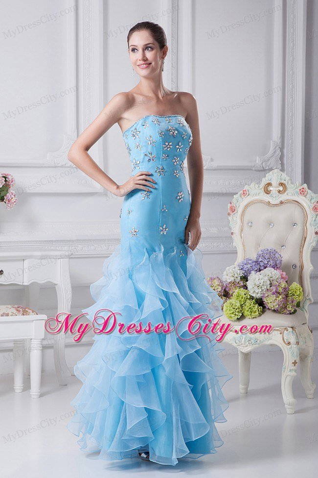 Beading and Ruffles Decorate Mermaid Aqua Blue Prom Dress