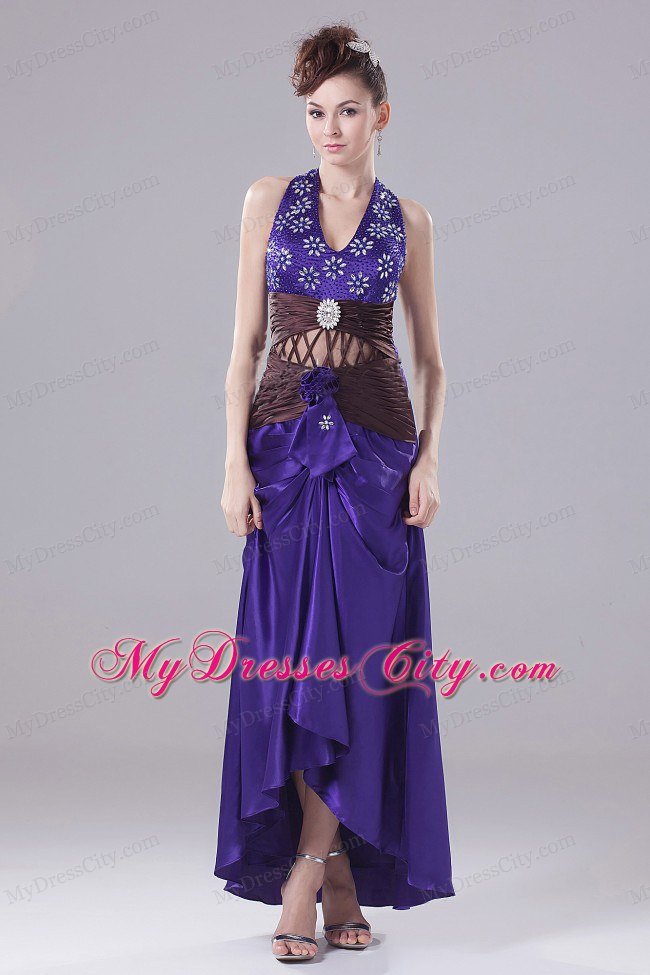 Exquisite Halter High-low Purple Prom Dress With Beading